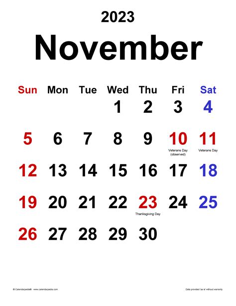 Us November Calendar