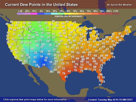 Dew Point A color-filled contour map showing the current dew point. Dew point is the temperature to which the air needs to be cooled in order for the relative humidity to reach 100 % (when a cloud ...