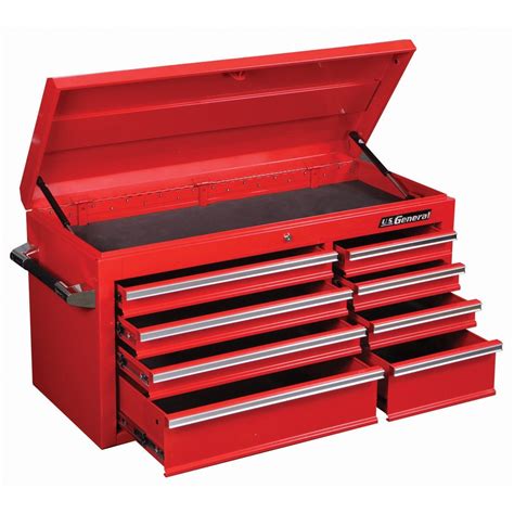 Product Description Storage for your tools with this top quality tool chest that holds up to 5700 cubic inches of tools. This tool chest has smooth-gliding ball-bearing drawer slides, rolled drawer edges, glossy powder coat paint and gas struts on the lid for easy access. This unit can hold 550 Lb. of tools securely.. 