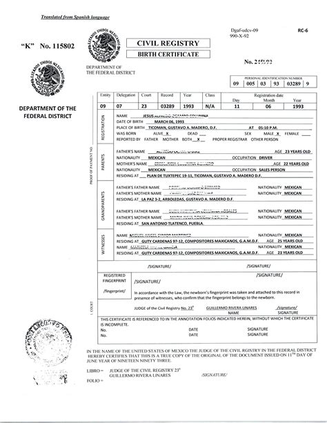 Uscis Printable Birth Certificate Translation Template