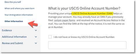 4. USCIS Online Account Number. €Providing the registrant's unique USCIS Online Account Number (OAN) helps them manage their online account.€ Registrants have an Online Account Number if they previously filed a registration, application, petition, or request online or by mail and were issued a receipt number that begins with IOE.€ If the. 