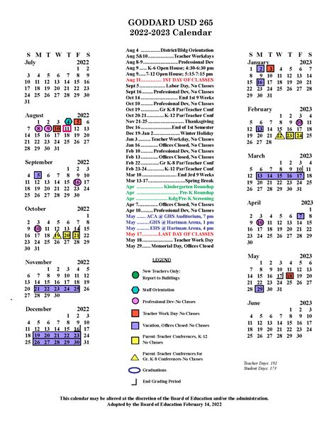 Usd 265 calendar. November 2, 2021. Enrollment ('17-'18) 5,755 students. Three seats on the Goddard Unified School District 265 school board in Kansas were up for general election on November 2, 2021. A primary was scheduled for August 3, 2021, but was canceled after two or fewer candidates filed per seat. The filing deadline for this election was June 1, 2021 . 