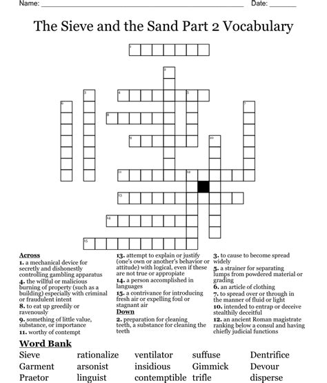 Use a sieve crossword clue. STRAIN SIFT Thanks for visiting The Crossword Solver "Use a sieve". We've listed any clues from our database that match your search for "Use a sieve". There will also be a list of synonyms for your answer. The answers have been arranged depending on the number of characters so that they're easy to find. 