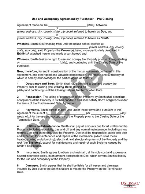 Use and Occupancy Agreement by Purchaser Preclosing Form Occupancy