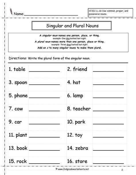 Use singular and plural nouns 2nd Grade Worksheets