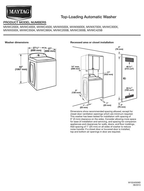 User Manual Maytag MVWC565FW - 4.2-cu ft High Efficiency Ag