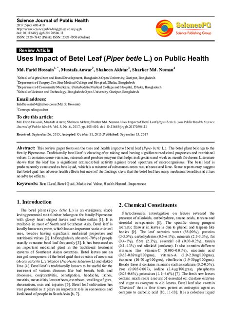 Uses Impact of Betel Leaf (Piper betle L.) on Public Health