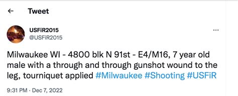 Usfir2015. “Milwaukee WI - 44/Wright - Med 5 transported 19 year old female with a gun shot wound thru the leg #Milwaukee #Wisconsin #USFiR” 