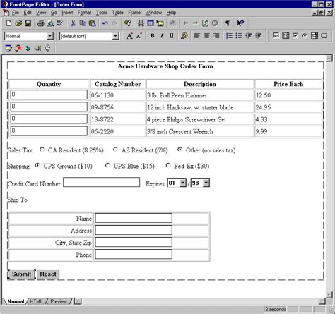 Using FrontPage to design an Order Form