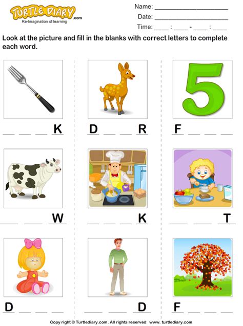 Using Pictures Complete the Words Turtle Diary Worksheet