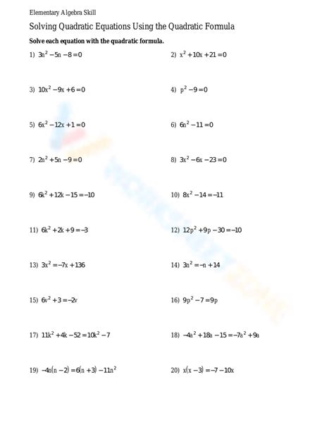 Using The Quadratic Formula Worksheet Worksheets For Home Learning