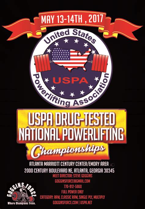 USPA Drug Tested 2023 Southern Washington Championships, Vancouver, Washington. April 29, 2023 All day. Sanction#: 23-11778. Limited to 60 lifters. Refund Policy: No refunds, no transfers. Registration closes April 7, 2023. Drug Testing: Drug testing by urinalysis. Drug Testing will be a 10% targeted random selection based on the top Dots scores.. 