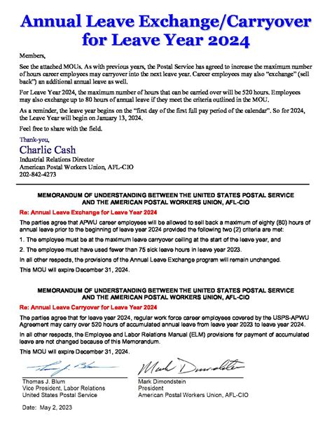 The parties agree that for leave year 2024, regular work force career employees covered by the USPS-NALC Agreement may carry over 520 hours of accumulated annual leave from leave year 2023 to leave year 2024. In all other respects, the Employee and Relations Manual for payment of accumulated leave are not changed because of this Memorandum.. 