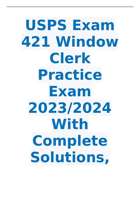Usps window clerk exam 421 study guide. Cash Back - correct answers Can be provided up to $50 and can be provided in $10 increments. USPS 421 Window Clerk Practice Exam Dimensional Pricing - correct answers PM zones 5-8, can't exceed 1728 cu in (1 cu foot), max 108" girth. Actual weight vs dimensional weight- whichever is greater. LxWxH more than 1728 then divide by 194. 