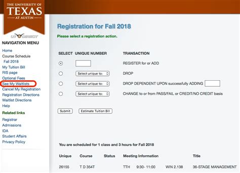 Make sure to check the wait list option, to get on the waitlist. The system will not drop you unless a space opens up in the wait listed class and you enroll. ... The student can see their wait list position on their "My Class Schedule" page, CIS> Student Homepage>Registration> Class Schedule> Class Schedule Filter Options - include ...
