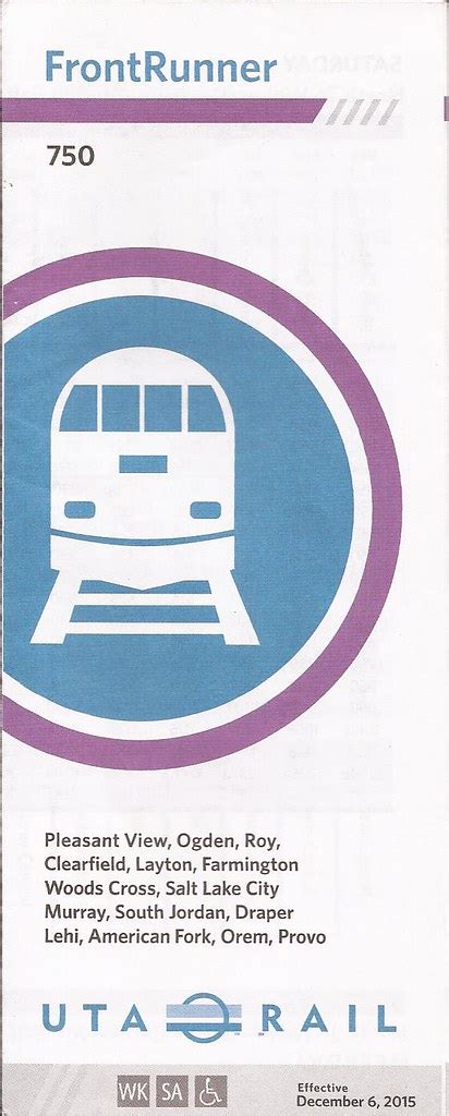 Uta frontrunner timetable. FrontRunner (reporting mark UTAX) is a commuter rail train operated by the Utah Transit Authority that operates along the Wasatch Front in north-central Utah with service from the Ogden Intermodal Transit Center in central Weber County through Davis County, Salt Lake City, and Salt Lake County to Provo Central station in central Utah County. In ... 