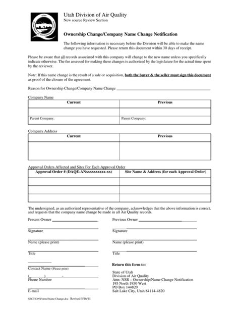 Utah Ownership Name Change Notification Form Fill Out