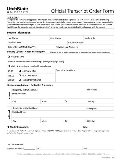 Utah State University Transcript Request 20192024 Form Fill Out and