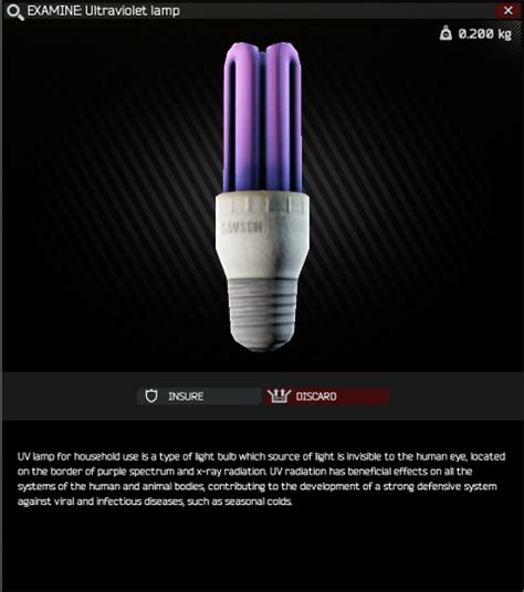 Uv lamp tarkov. The Tarkov UV Lamp is a powerful tool that can be used to improve the security and productivity of your hideout. One way to use the lamp is to upgrade your … 