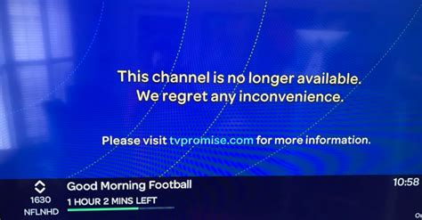 At 4:15pm today I tried to go to channels 1629 & 1630, but what I saw was a message saying “This channel is no longer carried” and there was a reference to TVpromise.org. First time I’ve ever seen that message. To me, that isn’t just that the NFL Network is offline with broadcast issues. It’s that U-verse has dropped those two channels.. 