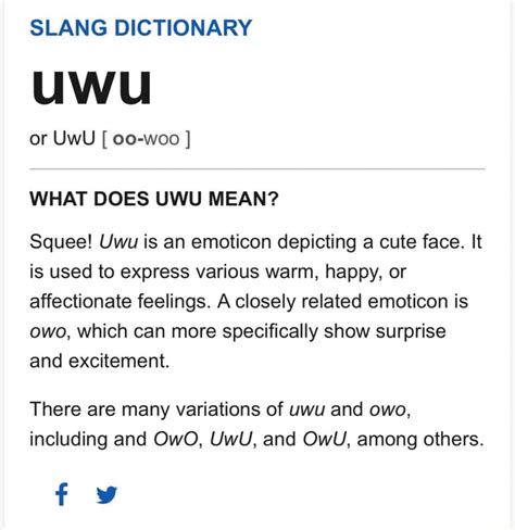 Feb 1, 2022 · UWU is a kaomoji emoticon that shows a happy face or other expressions. It is also an acronym for various meanings, such as Unemployed Workers Union or Uva Wellassa University. Learn more about the origin, pronunciation, and usage of UWU in this article. . Uwu definition