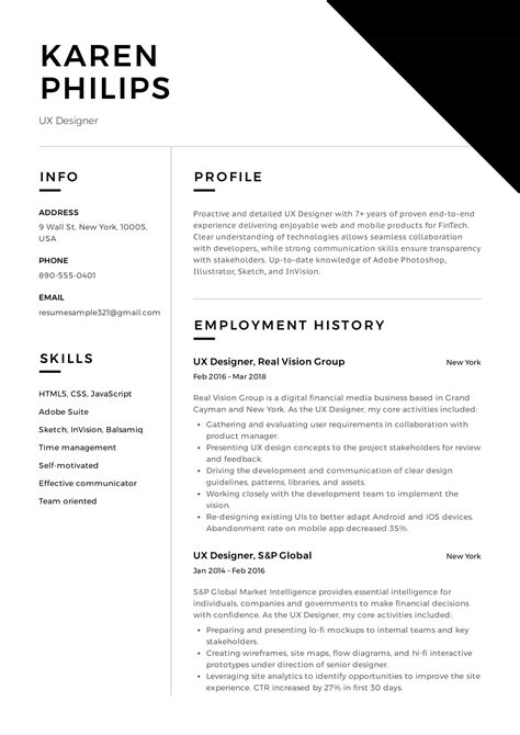 Ux design resume. Common Responsibilities Listed on Freelance UX Designer Resumes: Conduct user research and analysis to identify user needs and pain points. Create user personas and user journey maps to inform design decisions. Develop wireframes and prototypes to test and iterate on design concepts. Collaborate with cross-functional teams, including … 