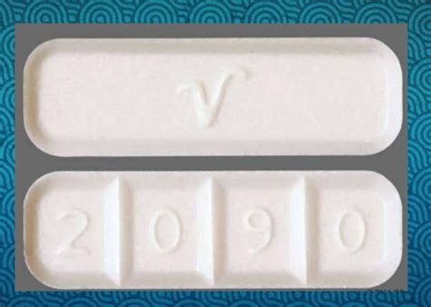 French fry-shaped white pill with four scores and 2090 on front, but NO SCORES ON BACK (there is a cursive "V''). ... 2090 V Pill Updated February 16, 2024. Maya Says ...