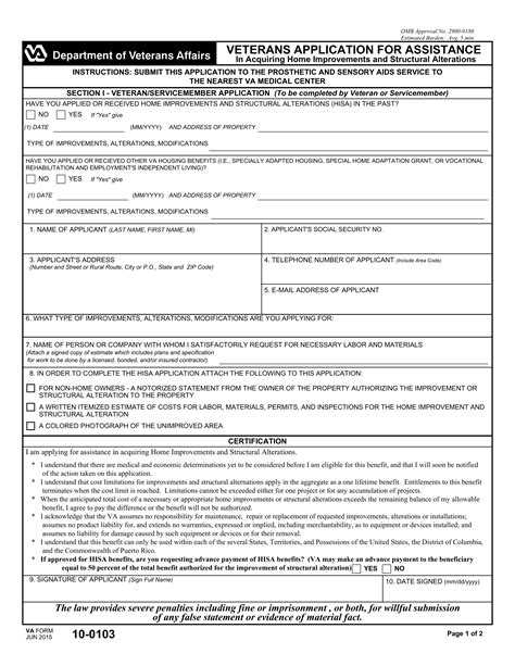 VA Form 100103. Veterans Application for Assistance in Acquiring Home
