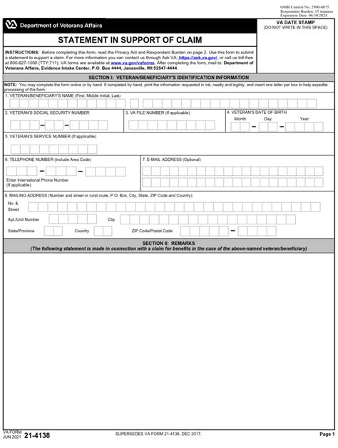 VA Form 21-4138 – Veterans Benefits Administration