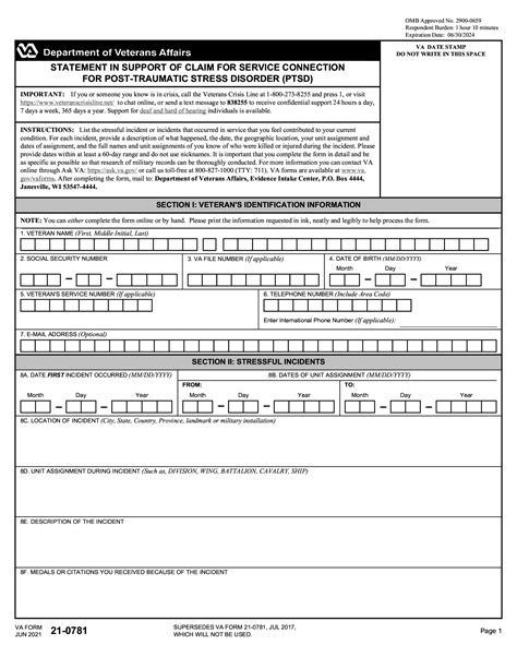 VA Form 210781A Statement in Support of Claim for Service Connection