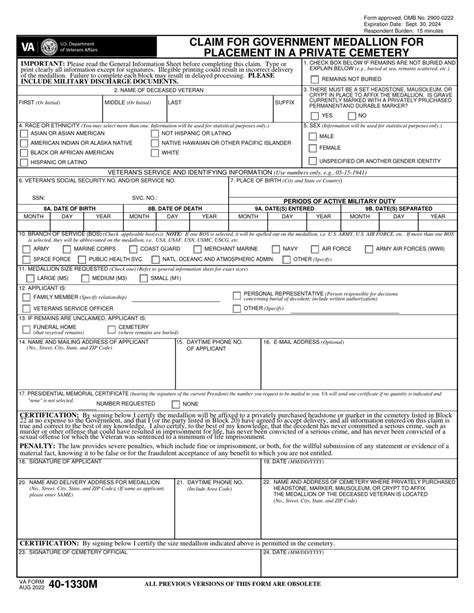 VA Form 40-1330M, Claim for Government Medallion for …