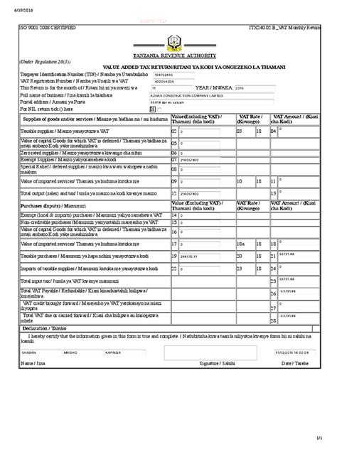 VALUE ADDED TAX RETURN / RITANI YA KODI YA ONGEZEKO LA …