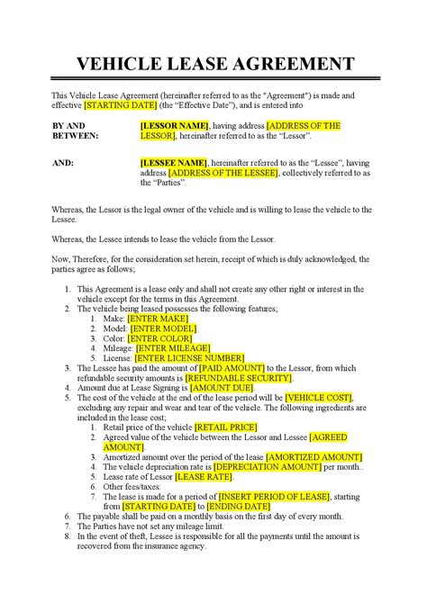 VEHICLE LEASE AGREEMENT in Word and Pdf formats
