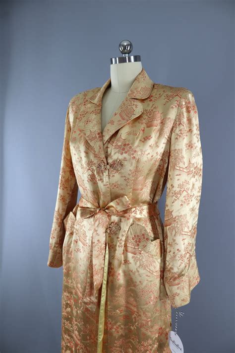 VINTAGE 50s Embroidered Satin Dressing Gown Robe OS