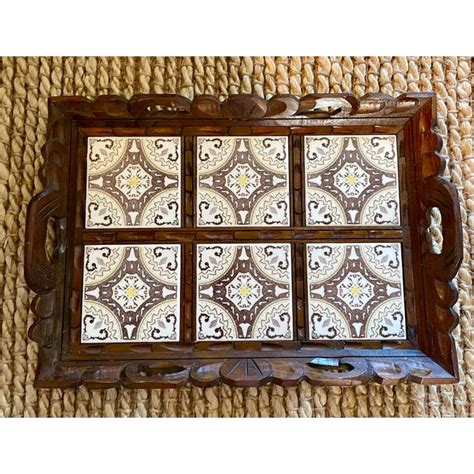 Vintage Arts And Crafts Wooden Tile Serving Tray w/ Handles - balustradellc