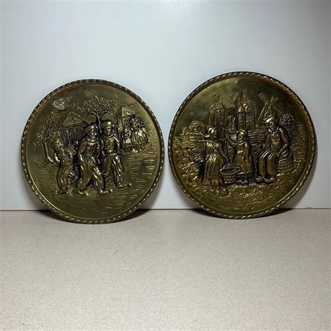 Vintage Embossed Brass Wall Hanging Plates Pair Dutch Village - balustradellc