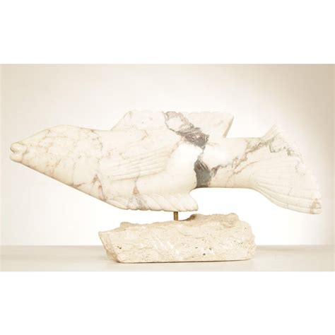 Vintage Modernist Marble Fish Sculpture Black Base Decor - muktibox.com