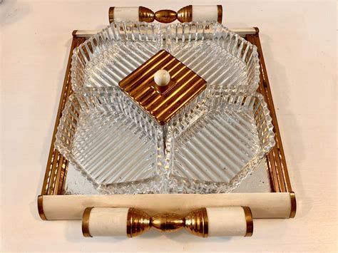 Vintage service tray in cut glass and mirror, with wooden handles ... - balustradellc
