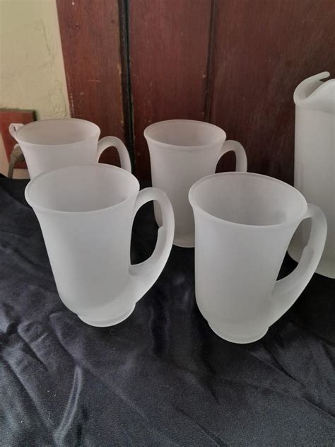 VINTAGE TIARA FROSTED PITCHER WITH FOUR MUGS