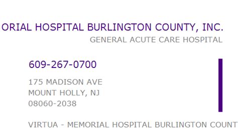 VIRTUA - MEMORIAL HOSPITAL BURLINGTON COUNTY, INC. NPI …