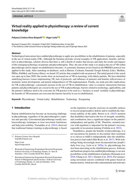 Virtual reality applied to physiotherapy: a review of ... - Springer - balustradellc