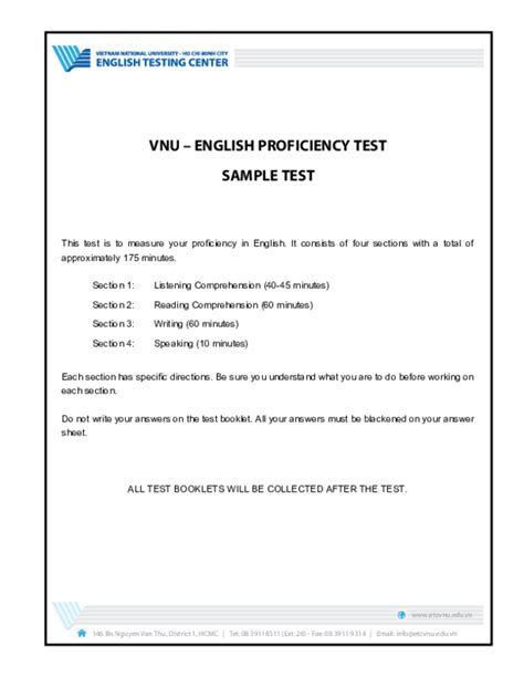 VNU – ENGLISH PROFICIENCY TEST SAMPLE TEST