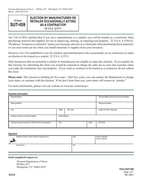 VT Form SUT459 Download Printable PDF or Fill Online Election by