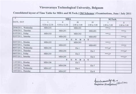 VTU Time Table for M.Tech/MBA online Examination June July 2011 VTU