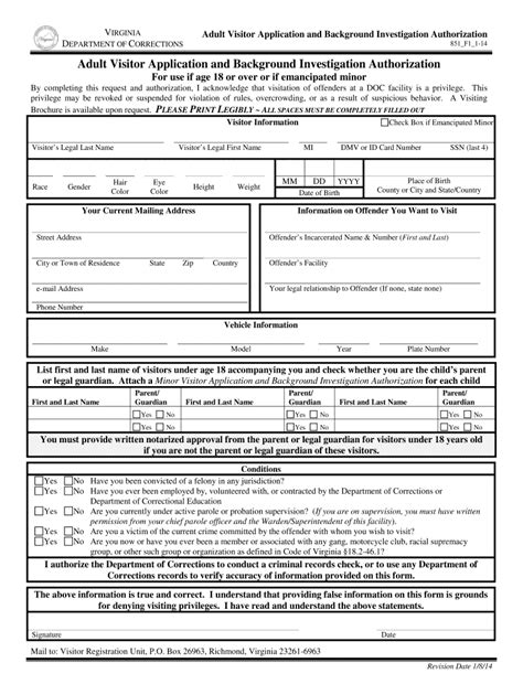 Va doc visitation application status. Virginia Department of Corrections P. O. Box 26963 Richmond, VA 23261-6963 Telephone: (804) 887-8341 VisitationInquiries@vadoc.virginia.gov. Visitation Applications. All new applicants and any visitor renewing their application must submit a visitation application online. Paper applications for visitation will not be accepted. 