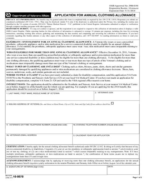 Va form 10 8678 fillable. In order to file a claim for Clothing Allowance, the veteran must fill out the VA Form 10-8678, Application for Annual Clothing Allowance. It is a two page form that can be downloaded from the VA website or obtained from the prosthetics department at the local VA Medical Center. The veteran completes the first two pages, leaving the last page ... 