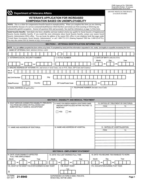 Va form 21-8940. VA Form 21-8940, Application for Increased Compensation Based on Unemployability ; VA Form 21-2680, Examination for Housebound Status or Permanent Need for Regular Aid and Attendance ; VA Form 20-0995, Decision Review Request: Supplemental Claim ; VA Form 20-0996, Decision Review Request: Higher-Level … 
