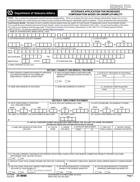 1. VA Form 21-8940. Fill out and hand in VA Form 21-8940, Veteran’s Application for Increased Compensation Based on Unemployability. VA will not approve your claim without this form. 2. Medical Evidence. Gather medical evidence showing the severity of your service connected disability. 3.. 