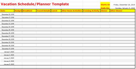 Vacation Schedule Template Exce