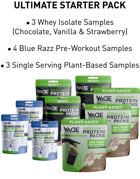 Vade nutrition. 9 Item Bundle. (41) $25.75 $42.91. Get six samples of our awesome tasting protein packs, or four samples of our meal replacement packs, or seven samples of our pre-workout packs. 